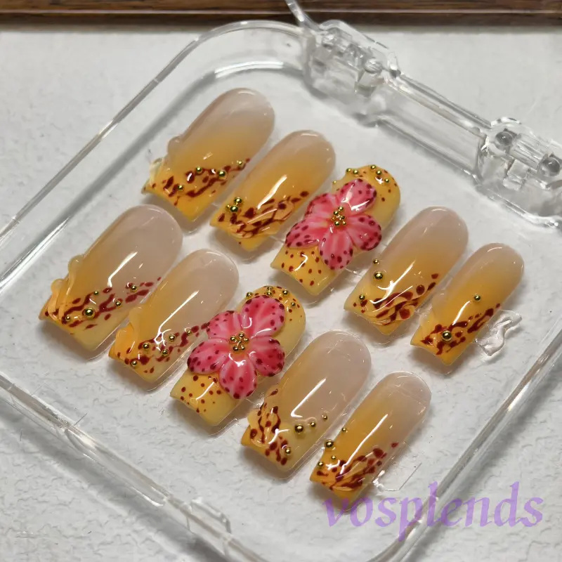 Vosplends  OrangeIris, handmade 10pcs  middle coffin  press on nails , 3D flower nails, reusable fake nails,  nail kit acrylic set nail supply store Floral Embellished Rhinestonepress on. nail