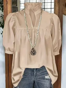 New Summer Plain Ruffle Neck Short Sleeve Shirt Blouse, Women's Loose Fit Casual French Tuck Top, Teacher Office Back-To-School Wear