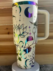 Engraved 40oz Tumbler with Celestial Moon and Lotus Flowers – Stainless Steel Insulated Cup with Lid and Straw, Celestial Gift
