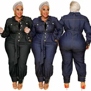 2025 Spring New Product Women's Decorative V-neck Casual Large Size Denim Jumpsuits Clothes Overalls Belt Collared