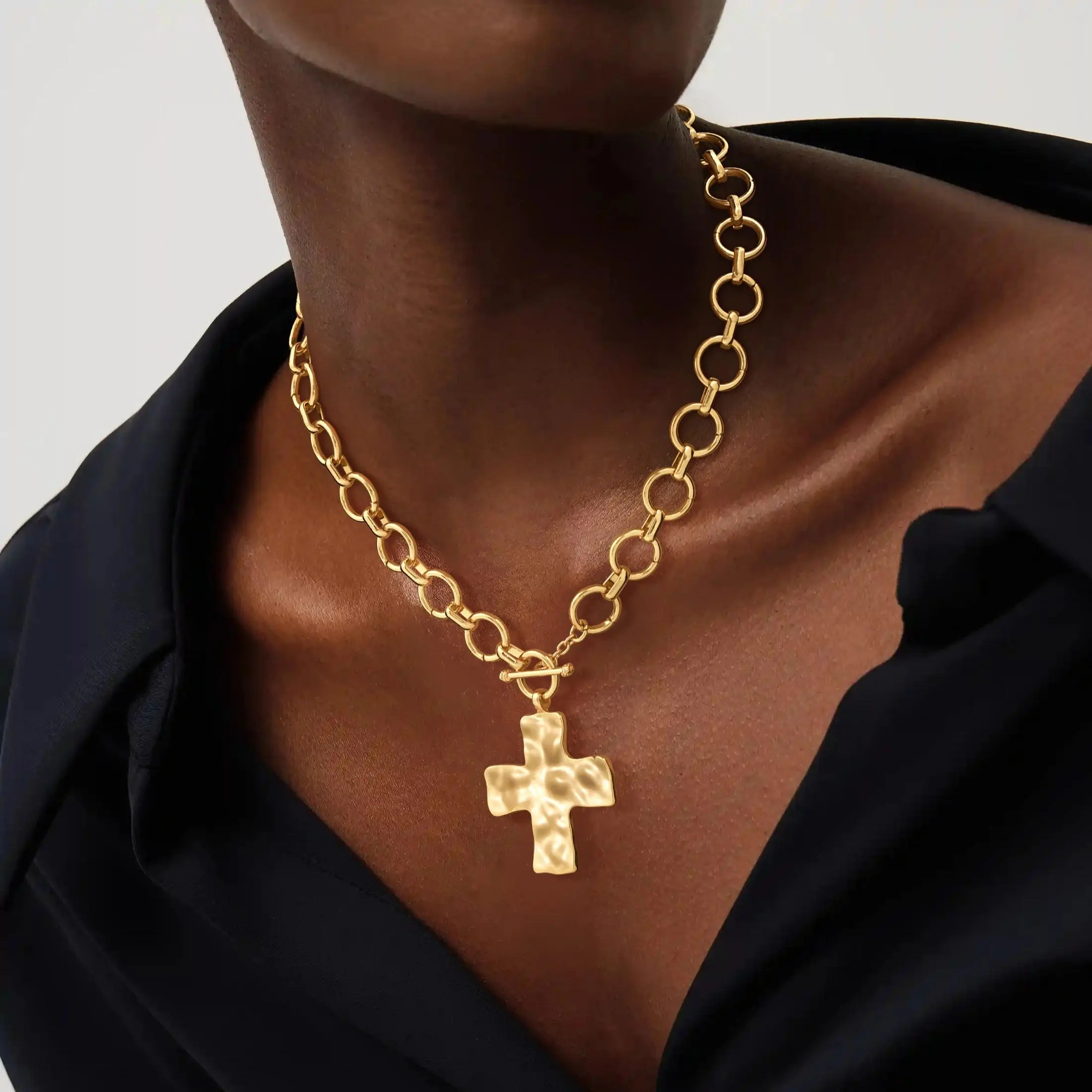 CHESKY Chunky Cross Metal Necklace - Geometric Bold Design, Unisex Street Style Costume Jewelry, 13mm Chain with OT Buckle, Waterproof Links, Chesky Gold, All-Day Comfort, Chunky Necklaces