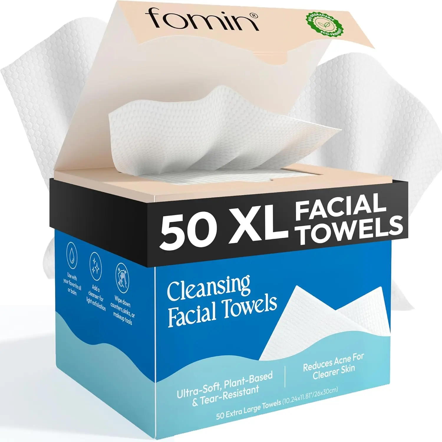 Fomin Cleansing Facial Towel 50 Count - Disposable Face Towelette XL - Biodegradable, Ultra-soft, Plant Based & Tear-Resistant Face Cloths - Towels for Makeup Remover & Reduce Acne for Clearer Skin