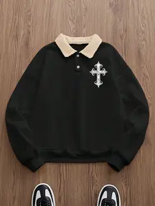 Men's Gothic Cross Polo Shirt, Long Sleeve, Lamb Fur Color Block Collar, Fitted Comfortable Fit, Winter Warm Fashion, Street Style, Casual, Daily Wear, Menswear, Tops, Streetwear Collared