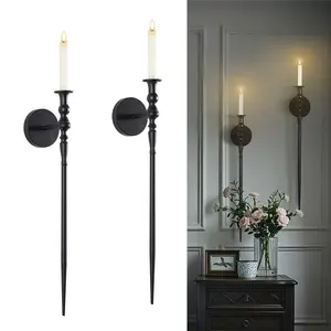 Elegant Wall Sconce Candlestick Holder Set of 2 Large Black Scepter Gothic Metal Wall Candle Holder 23.6 Inch Disc Diameter 0.78 Inch for Living Room Bathroom Dining Room Wedding Home Goods Ornaments