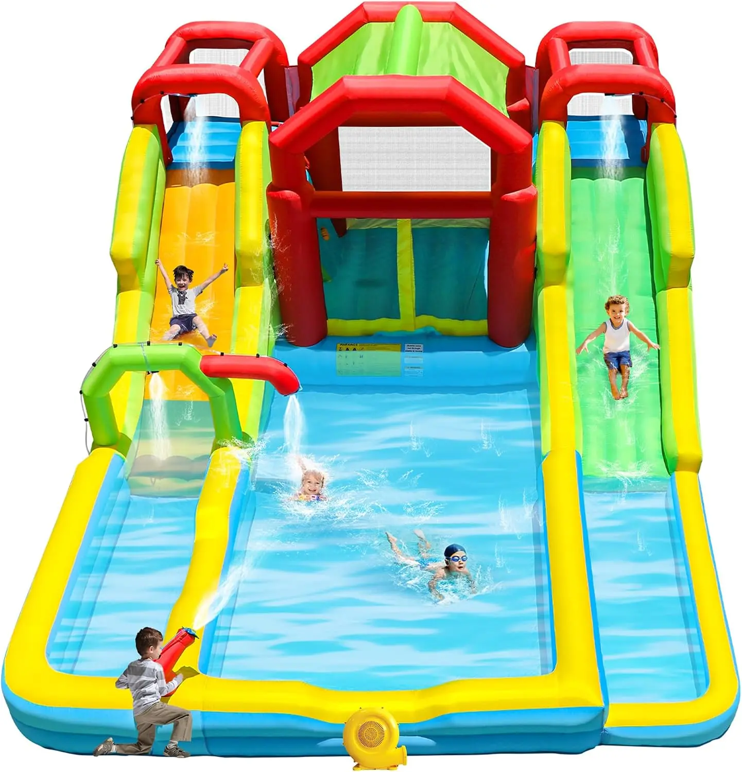 BHGGRWELLFUNTIME Inflatable Water Double Slides Park with Blower, Shade Tent Bounce House with 2 Climbing Walls, 3 Water Pools, 226x168x98 Inch