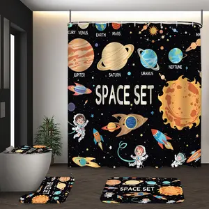 LVRLVR 4pcs Solar System Planets Astronaut Rocket Cartoon Kids Space Theme Bathroom Set with Shower Curtain, Bath Rugs and Hooks - 70.8"×70.8" (180×180cm)