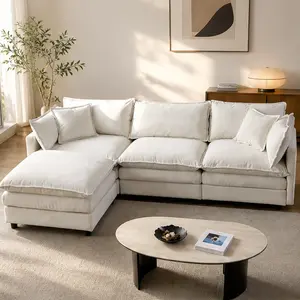 ARCH 105" Modular Sectional Couch Upholstered Soft Chenille Fabric Sofa 3 Seater with Ottoman L Shape Living Room Furniture Beige Multiple Color Options Available, 3 Seat/Beige/Black/Blue Color Options, Chenille/Wood Material, 3 Seat Seat Count