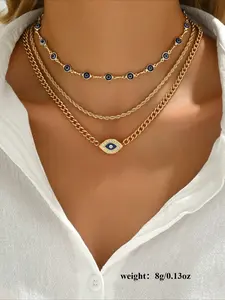3pcs Metal Chain Devil Eye Pendant Necklaces Set, Minimalist Choker Jewelry for Women Everyday and Gathering Wear