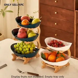 Kitchen Counter 3 Layer Fruit Bowl Set, Plastic Basket with Bamboo Rack, & Tiered Storage Organizer for Kitchen Countertop, Display Risers Stand