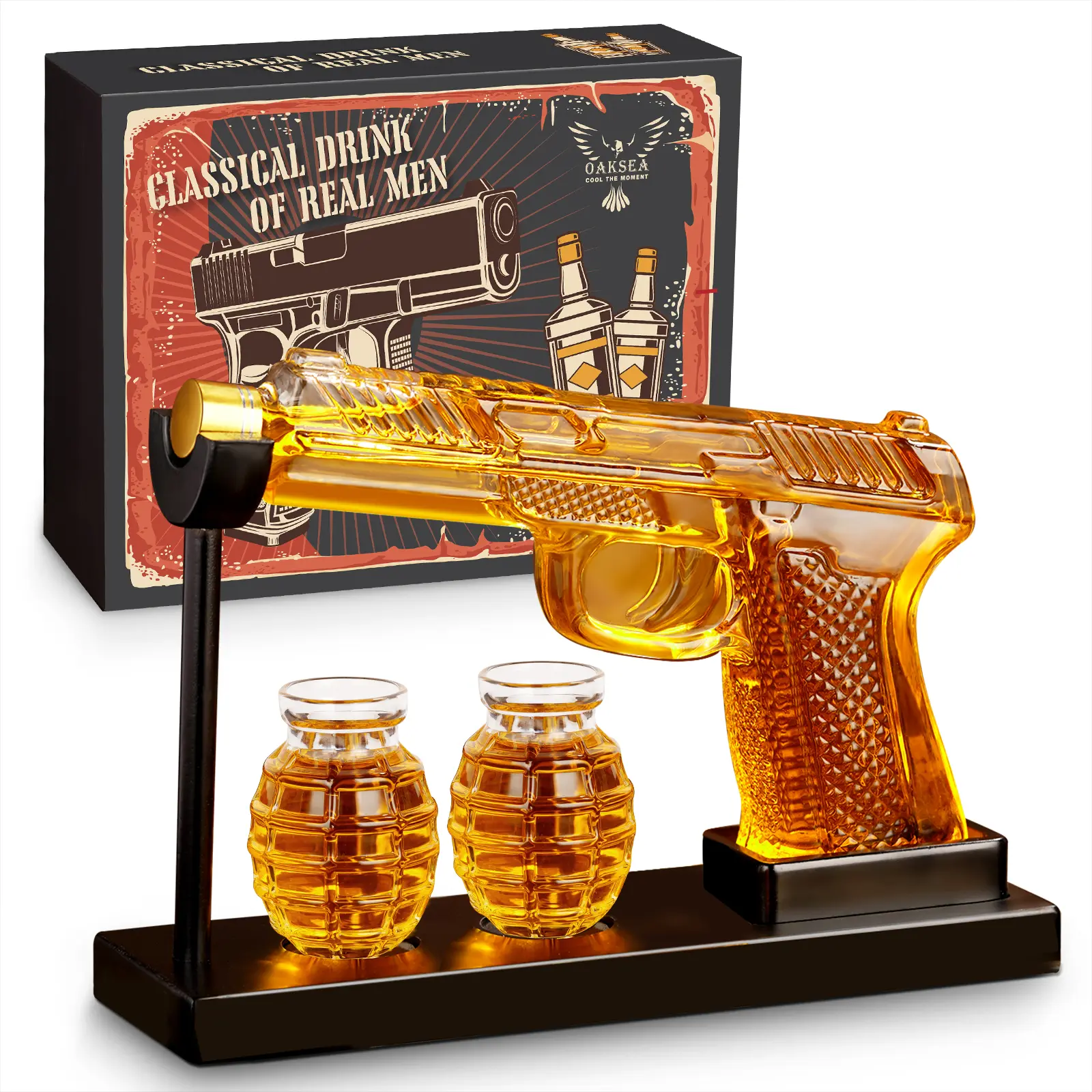 Military Gun Shape Liquor Decanter Set - 9 oz Lead-Free Leak-Proof Glass Decanter with 2 oz Golden Glasses, Gift-Ready Tactical Barware for Adults, All-Seasons Home Bar Man Cave Gift