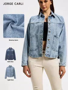 JORGE CARLI  Women's Plain Button Front Drop Shoulder Curved Hem Denim Jacket, Casual Long Sleeve Pocket Design Collar Outerwear for Daily Wear, Ladies Clothes for All Seasons, Coats