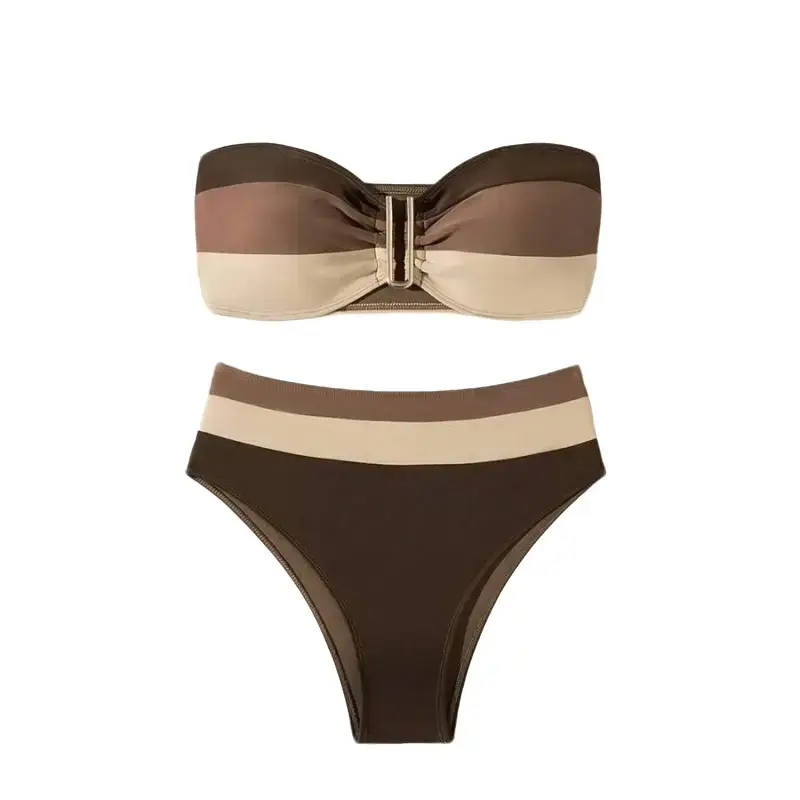 Women's 2-Piece Color Block Bikini Set - Fabric Bathing Suit with Buckle Detail, Adjustable Straps, Retro Vintage Design, High-Waisted Bottom, Multi-Size, Secure Fit, Ideal for Beach, Pool