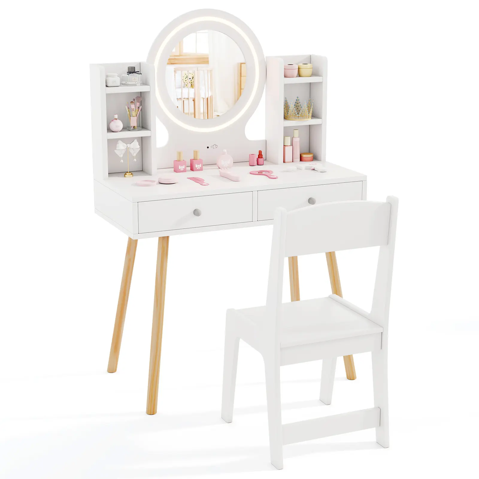 COSTWAY - Kids Vanity Set with Lighted Mirror and Storage Drawers-White