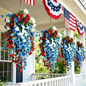 A Set of Three Artificial Patriotic Flowers in Red, White, And Blue, Perfect for Hanging Decorations. These Faux Floral Arrangements Are Ideal for July 4Th Celebrations, Weddings, And Seasonal Home Decor, Suitable for Gardens, Courtyards