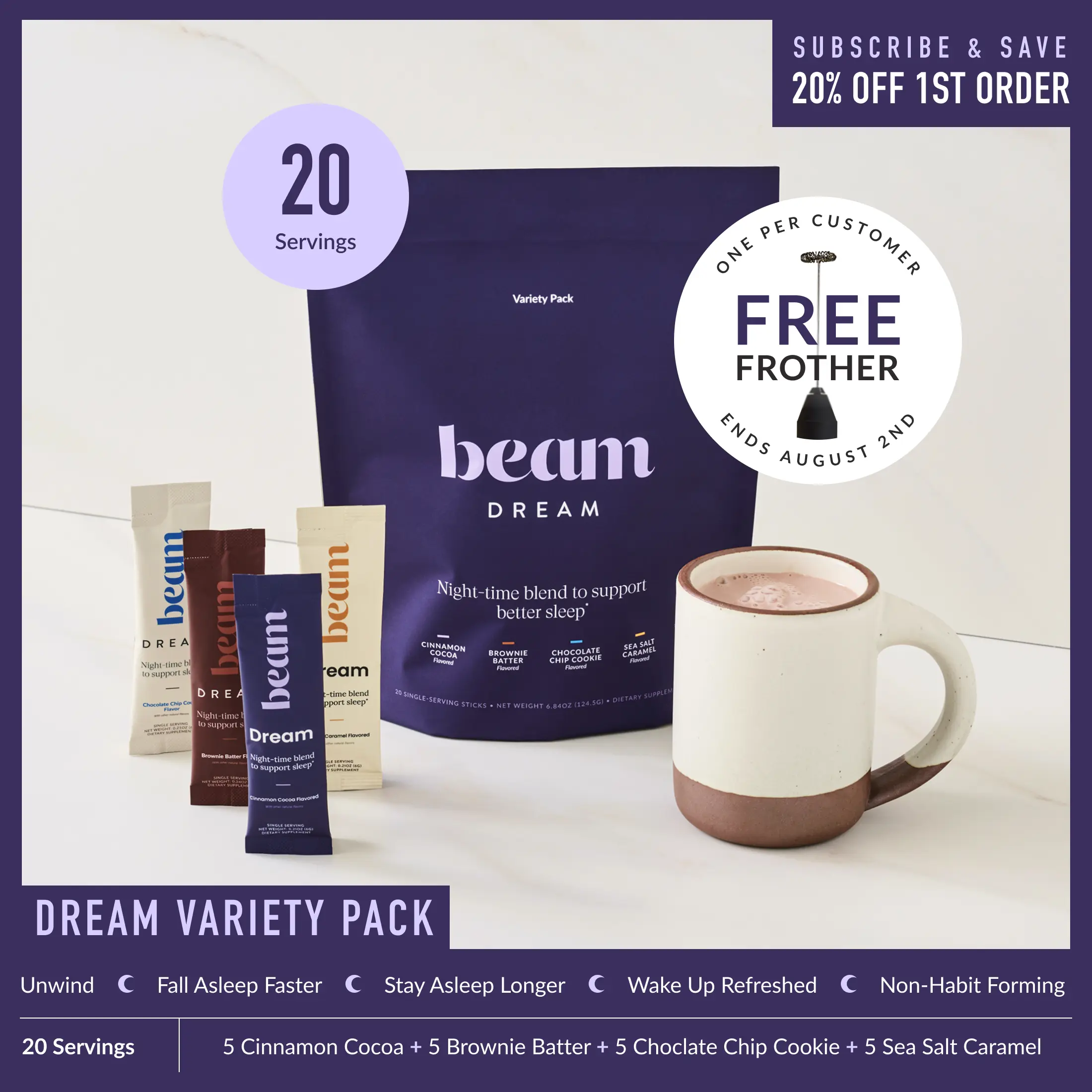 Beam Dream Nighttime Hot Cocoa Variety Pack - 20 Sticks Dietary Nutrition Supplement, Deep Sleep Aid with Melatonin, L-Theanine, Magnesium, 4 Flavors (Including Cinnamon), Dairy Free, Non Toxic, Functional Mushrooms, No Added Sugar | Summer Sale