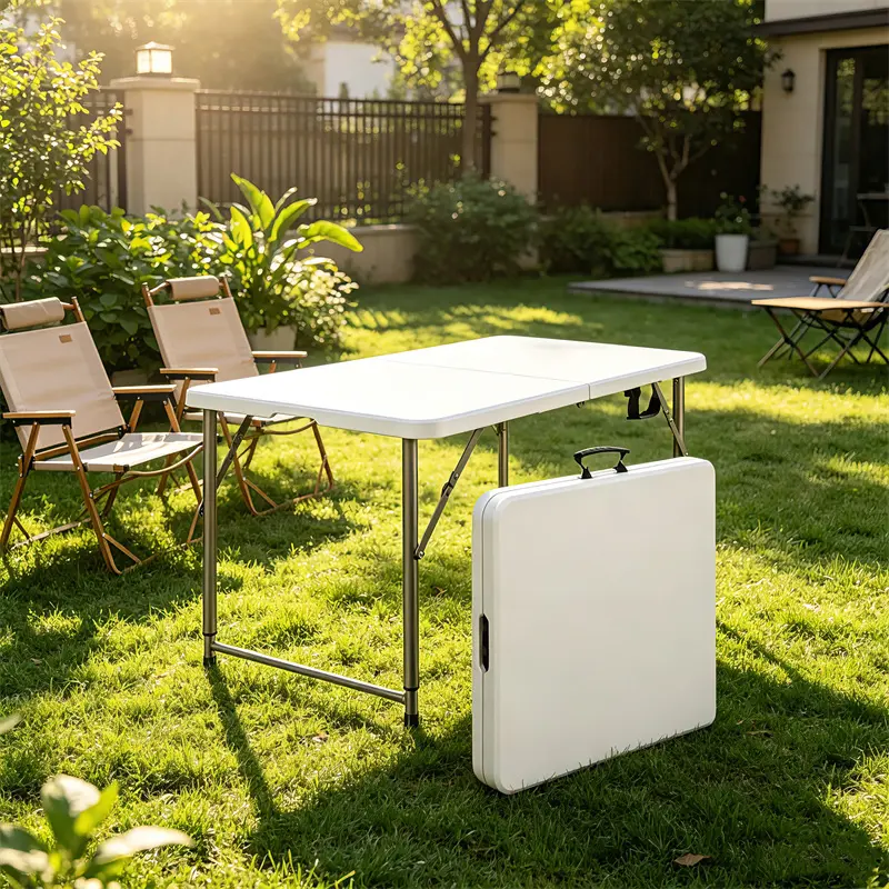 4FT Metal-Plastic Folding Table, White Straight Legs, Folds-Half, 3-Level Adjustable Height, Space-Saving Versatile Table for Outdoor Camping & Indoor Home Use
