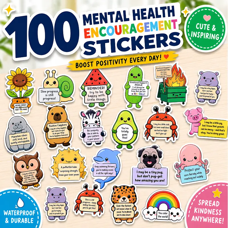 100PCS Unique Emotional Support Animal Stickers No Repeat Motivational Affirmation Waterproof Vinyl Decals for Kids Teens & Adults Cute Journals Water Bottles Self Care Gifts