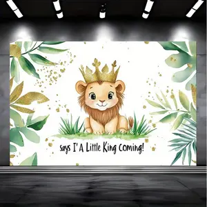 Lion King Jungle Party Banner Adorable Crowned Lion Cub with Tropical Leaves & Golden Glitter Durable Polyester Baby Shower Backdrop for Birthdays Entryway Decor Wildlife Theme Mixed Colors Lion Wall Ornaments