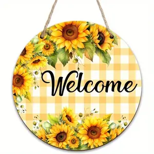 Summer Sunflower Welcome Sign for Front Door, Rustic Farmhouse Design Wooden Hanging Decoration for Porch or Wall, 9.2x9.2 Inches Outdoor Decor, Wooden Home Sign