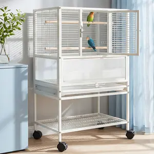 Large Bird Cage, 32" H Birdcage, 2 in 1 Bird Carrier with Stand for Parakeets Parrots Conures, White
