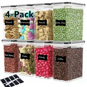 4pcs Kitchen Airtight Storage Containers 47.34oz Plastic Food Storage Set Canisters with Labels, Dishwasher Safe Freshness-Preserving Pantry Containers Stackable Storage Containers for Cabinet Countertop Organization, Pet Food and Snack Storage