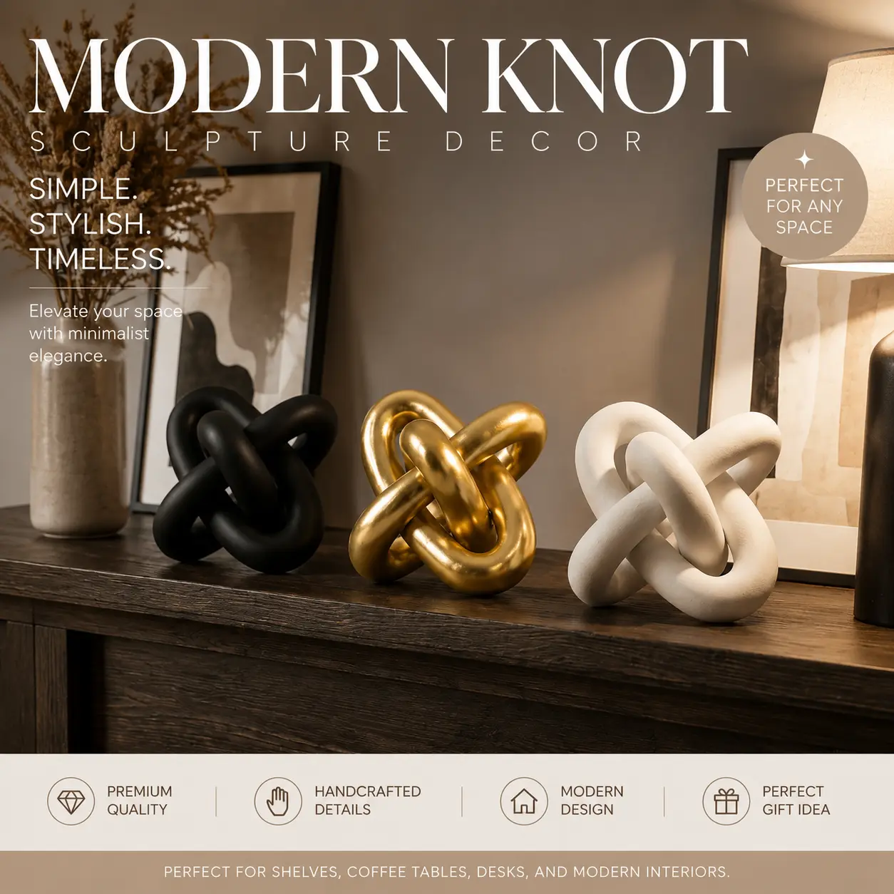 Modern Knot Decor Resin Sculpture - Abstract Interlocking Glossy Miniature Tabletop Resin Figure, Unique Artistic Ornaments, Home Decor Items for Living Room, Thoughtful Gift for Office Desk Accent
