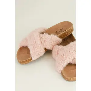 AVIANA-01 Comfortable Slide Sandals with Plush Faux-Fur Straps and Cushioned Cork Footbed