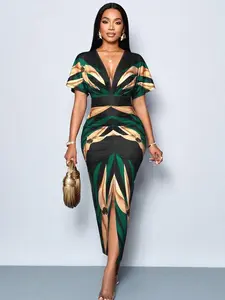 Elegant Printed V-Neck Split Thigh Bodycon Party Dress for Women - Chic Cocktail & Holiday Wear