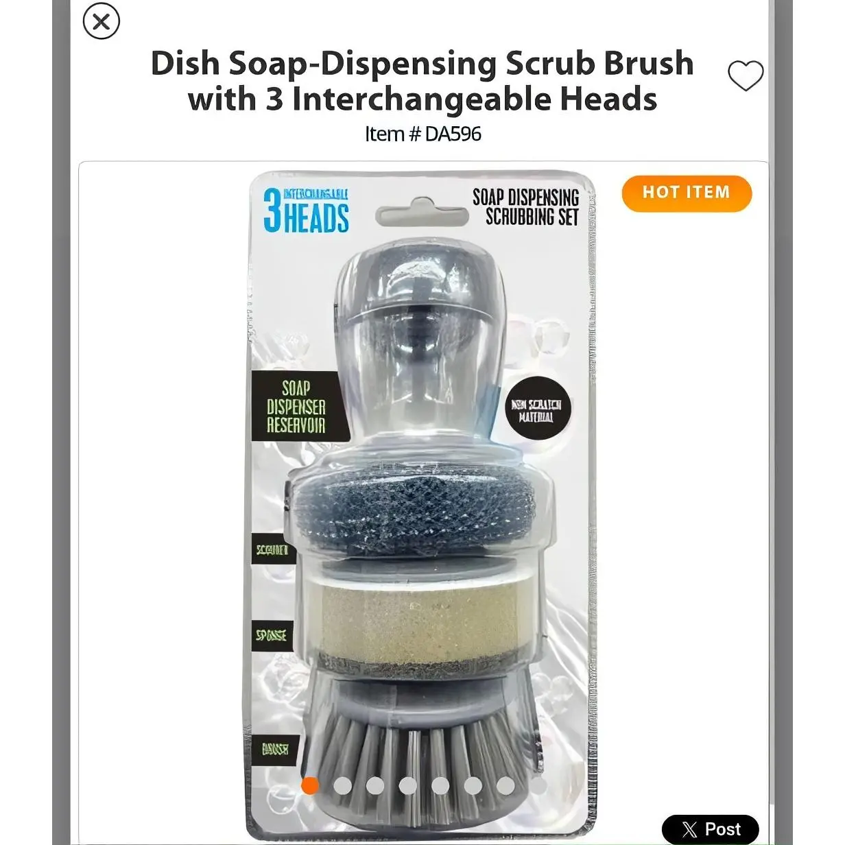 Dish Soap Dispensing Scrub Brush with 3 Interchangeable Heads Item DA596 Hot Item Non Scratch Material