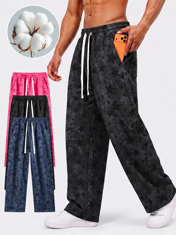 Y2K Star Print Wide Leg Sweatpants｜Soft Cotton Blend Casual Streetwear Pants for Men