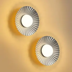 Cordless Nickel Wall Sconces Set of 2, Battery Operated 5200mAh Rechargeable LED Round Pleated Dimmable Small Wall Light Lamps, Lighting for Hallway, Living Room, bedroom, home Decor, Night Light, Wireless Art Display Lights