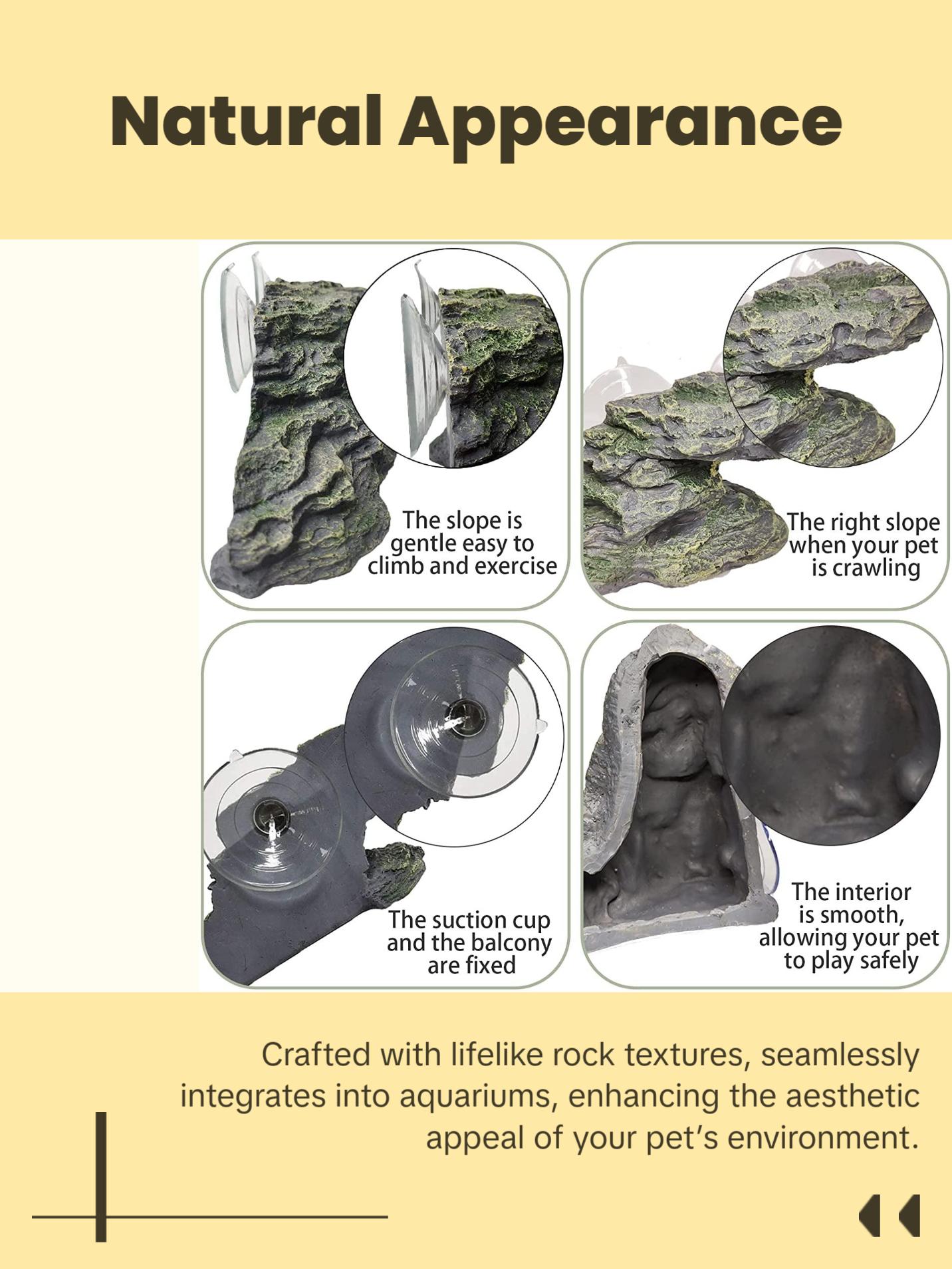 Turtle Basking Platform Reptile Climbing Shale Resin Step Ledge Stone Aquarium Ornament Rock Landscaping Decoration with Suction Cups for Frogs Newts Amphibians Lizard (Medium:8.2”Lx3.3”Wx3.1”H)