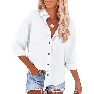 JEKAOYI Womens Oversized Casual 100% Cotton Button Down Long Sleeve Shirts V-neck Collared Work Summer Blouse Tops with Pockets