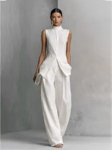 2026 European and American Style Suspenseful Shirt and Pants Set with Solid Color and Elegant Sleeveless Long Pants for Fashionable Casual Wear