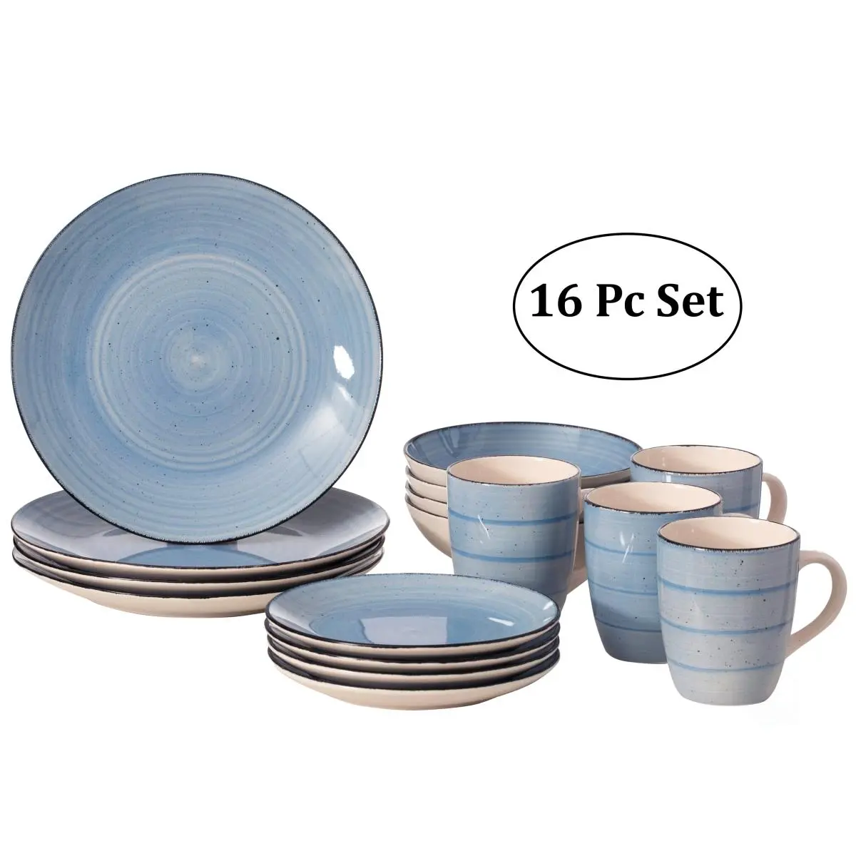 212 MAIN 16-Piece Minimalist Lightweight Stylish Stackable Tableware Set for 4 - Ceramic Mugs, Salad Plates, Dinner Plates, Bowls, High-Quality, Chip-Proof, Dishwasher-Safe, Microwave-Safe, Blue