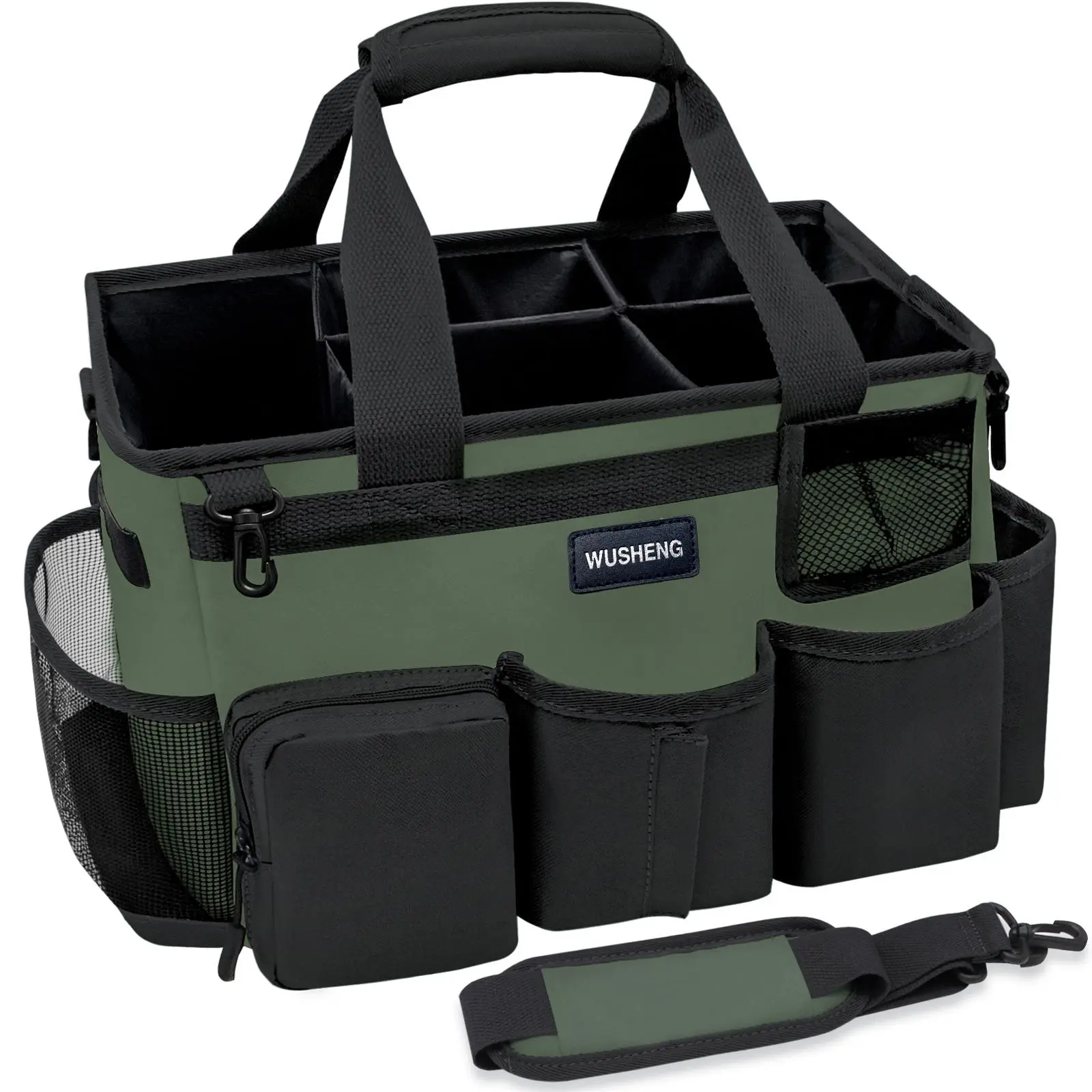 Green and black wearable cleaning bag with handle and shoulder strap for butler sink and car cleaning tool organizer adjustable aluminum mesh pad
