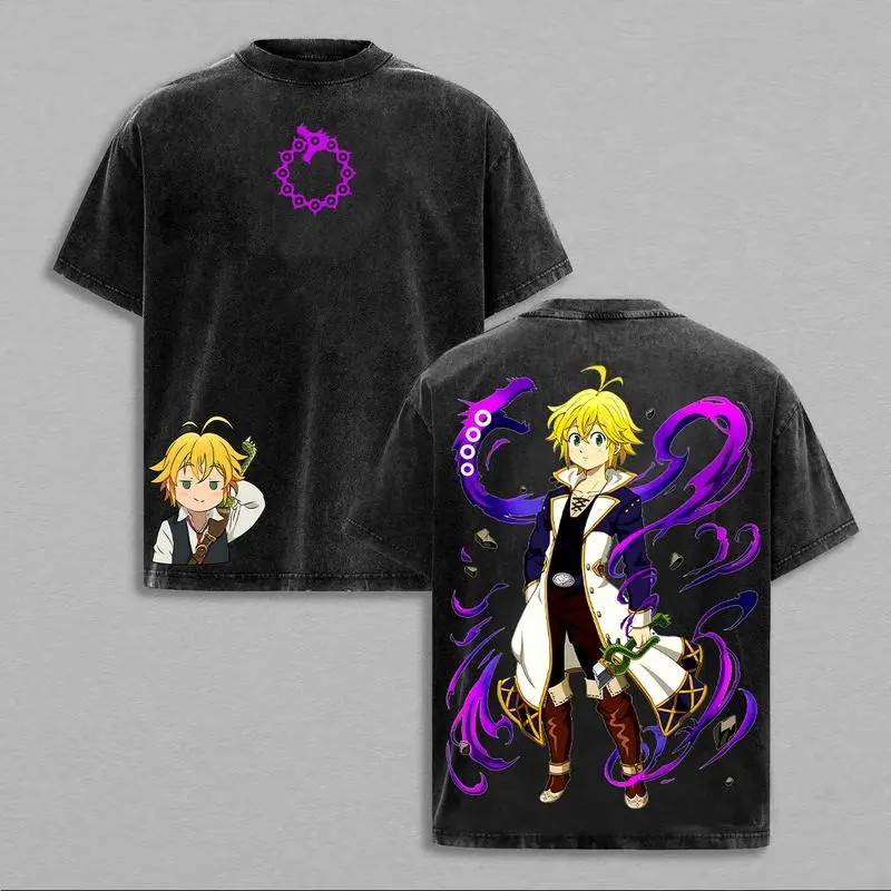 Men's Meliodas Graphic Tshirt, Distressed Vintage Washed Heavy Cotton Top, Oversized Short-Sleeve Anime Streetwear for Fans, Shortsleeve, Sports Clothes, Menswear, Round Neck, Cartoon, Festive, Fashion, Fitted Cut, Retro, All Seasons