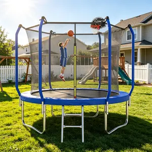 8FT ASTM Approved Reinforced Outdoor Trampoline with Basketball Hoop and Trampoline Safety Enclosure Net