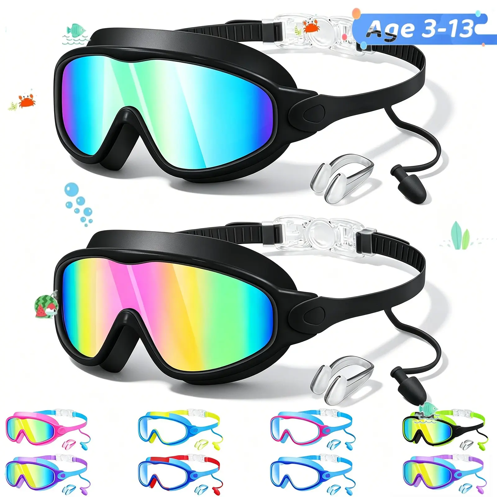 2 Pack Kids Swim Goggles Set for 3-15 UV Protection Anti-Fog Cool Swimming Goggles Pool Water Swimming Goggles For Boys Girls Youth Toddler Swim Glasses