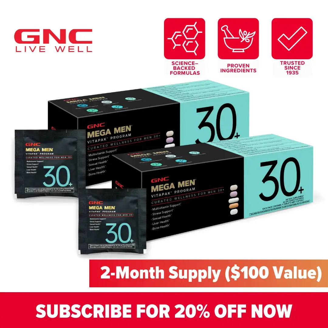GNC 2-Pack Bundle: Mega Men's 30+ Vitapak, 60 day supply, Stress & Bone Support, 30 Count, Healthcare, overall Wellness, Dietary Supplement