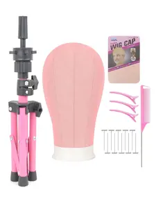 22 inch light pink canvas mannequin headband, tripod wig cap, T-shaped needle, mouse tail comb, and hair clip for wig practice and styling training display.