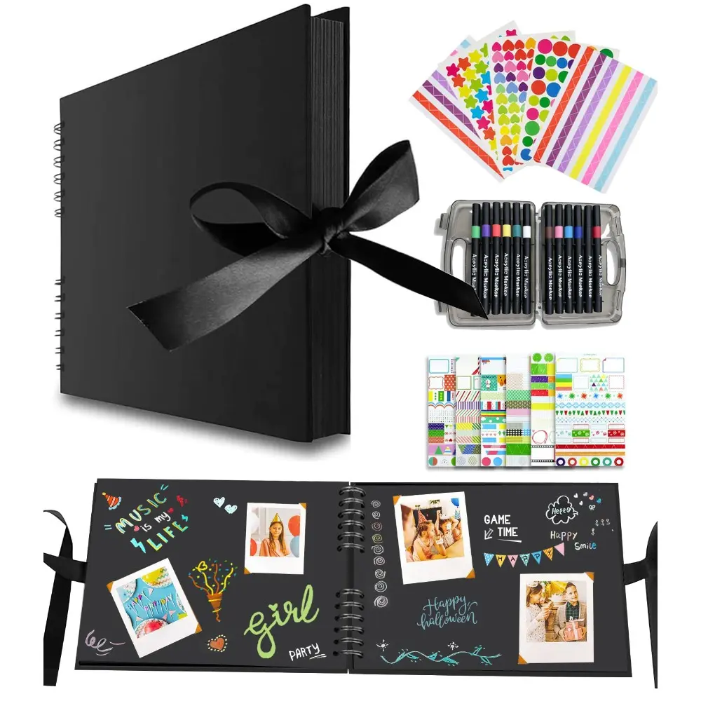 DIY Travel Scrapbook Album kit,DIY Spiral Memory Book for Weddings, Travel, Lovers, Friends, Graduation, Anniversary,baby scrapbooks supplies with Markers, Stickers&12pcs acrylic pens