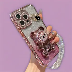 Colorful Bead Bear Stand Case Shockproof Diamond-Embedded Protective Cover for IP16ProMax IP15Pro Trending 14/13 Electroplated Glittery Design with Sparkling Finish Phone Case