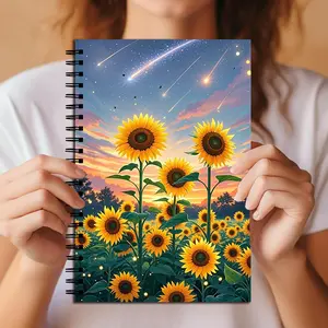 Sunflowers Spiral Notebook with Shooting Stars and Sunset Sky, Aesthetic Dreamy Journal for Women, College Ruled Paper for School, Work, and Journaling