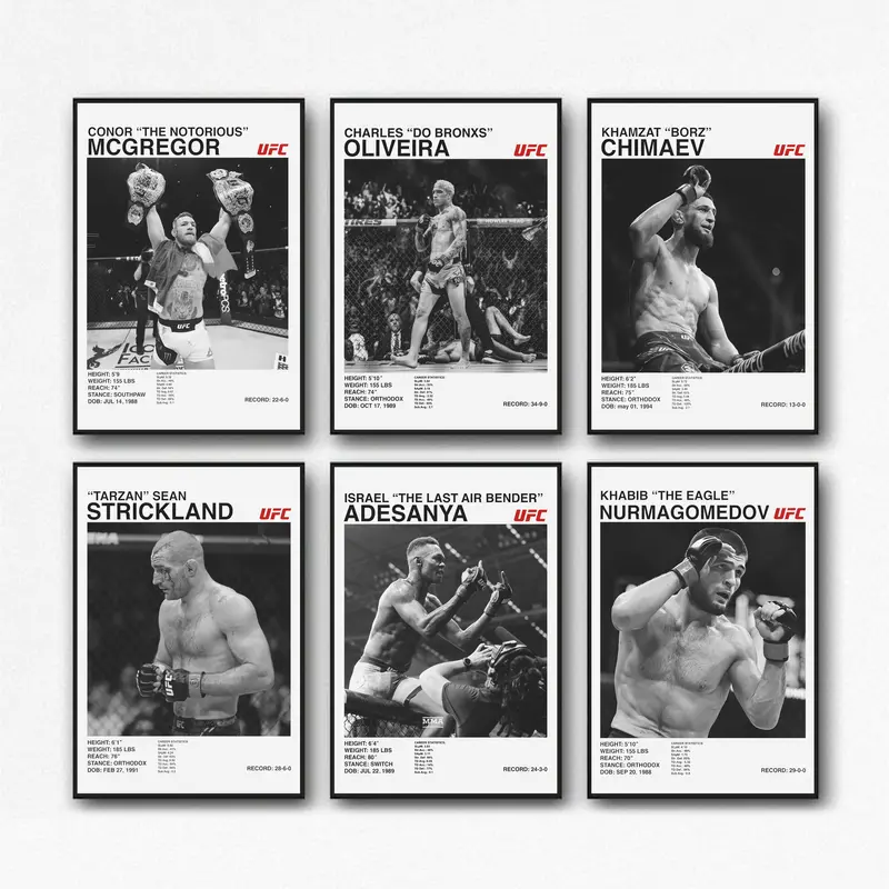 NBHYK Set of 6 Boxing Poster UFC Wall Art Fighter Legends Vintage Fight MMA Brazilian Fighter Modern Family Bedroom Decor Posters Unframe-Style Artwork Design Ornaments