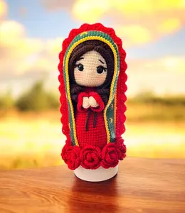 Crochet Virgin Mary Doll with Red Roses, Handmade Catholic Amigurumi Decor