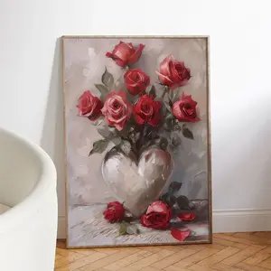 Vintage Valentine's Day Wall Decor, Romantic Heart-Shaped Vase Canvas Art with Roses, Perfect Gift for Couples, Living Room Bedroom Kitchen Bathroom