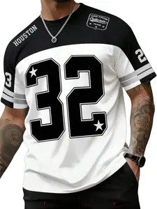 American Street Style 32 Number Digital Print T-Shirt, Colorblock Round Neck, Houston Letter Loose Casual Sport Top