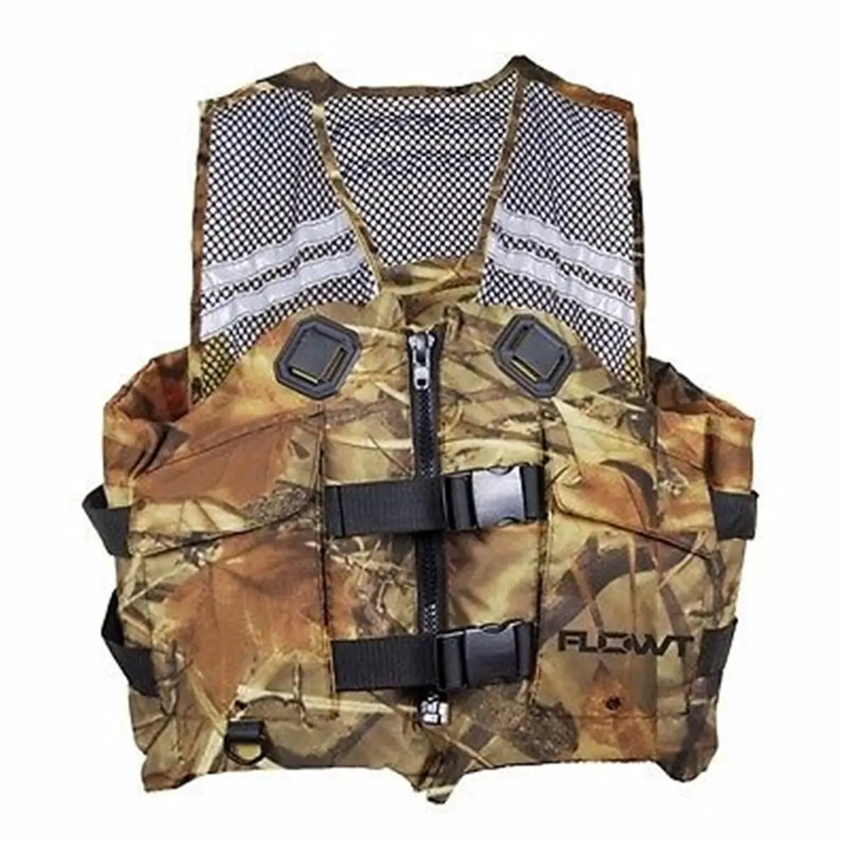 Flowt Camouflage Fishing Vest with Breathable Mesh Back, Dual Pockets, and Large Armholes for Mobility, Size S/M (32-40 in), Reflective Tape, Mesh Fabric, Adjustable Belt, Short Vest, Adjustable Fit, Dual Belts, Angling Vest