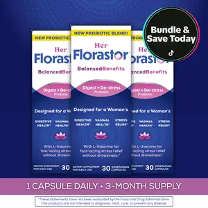 Her Florastor Balanced Digestive Health + De-stress Probiotic Supplement with L-theanine for Stress Relief Vegetarian Capsules for Women Wellness